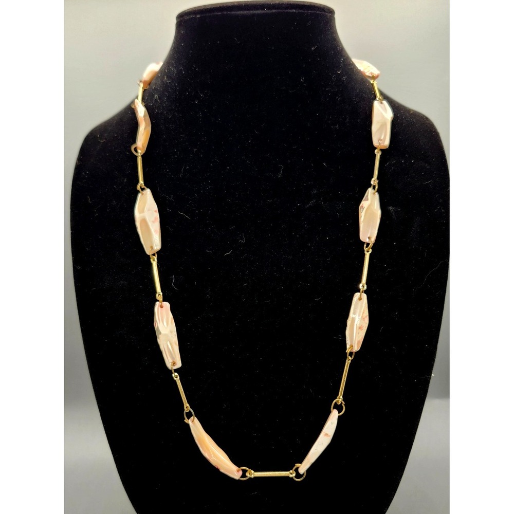 Vintage Mother Of Pearl Necklace Free Form Bead Chunks Gold Tone Chain
